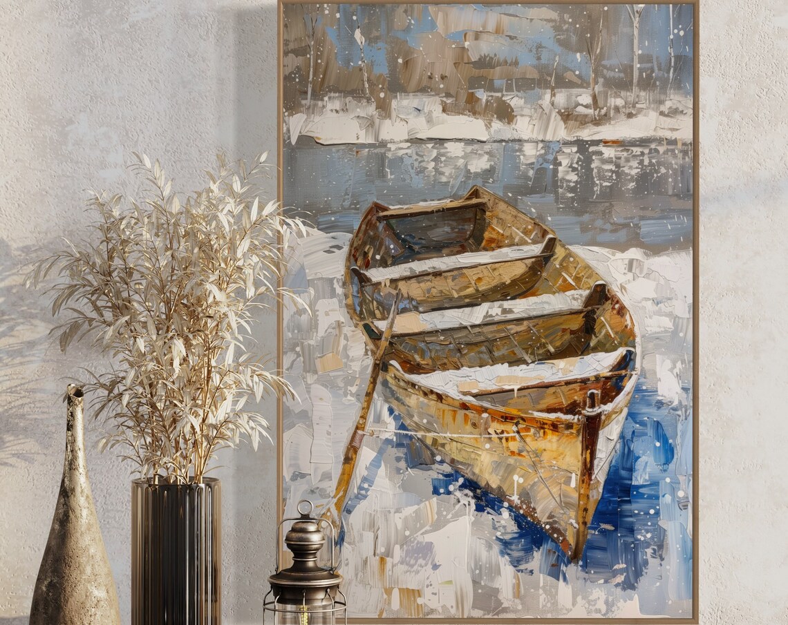 Winter Rowboat Lake House Landscape Art Print