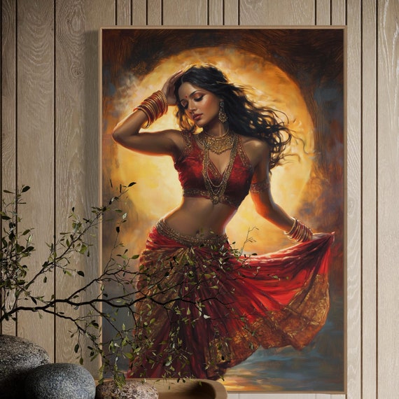 Elegant Indian Woman Wall Art Vibrant Red And Gold Cultural Portrait Decor Timeless Artistic Print For Living Room