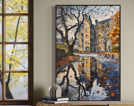 Moody Edinburgh Print Rain Wall Art With Autumn Leaves Print Water Reflection And Architecture Poster Perfect Rainy Day Home Decore