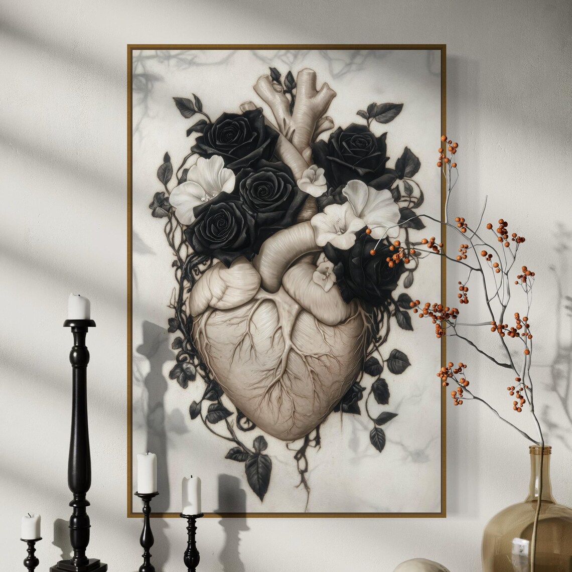 Gothic Anatomical Heart, Dark Botanical Art Print