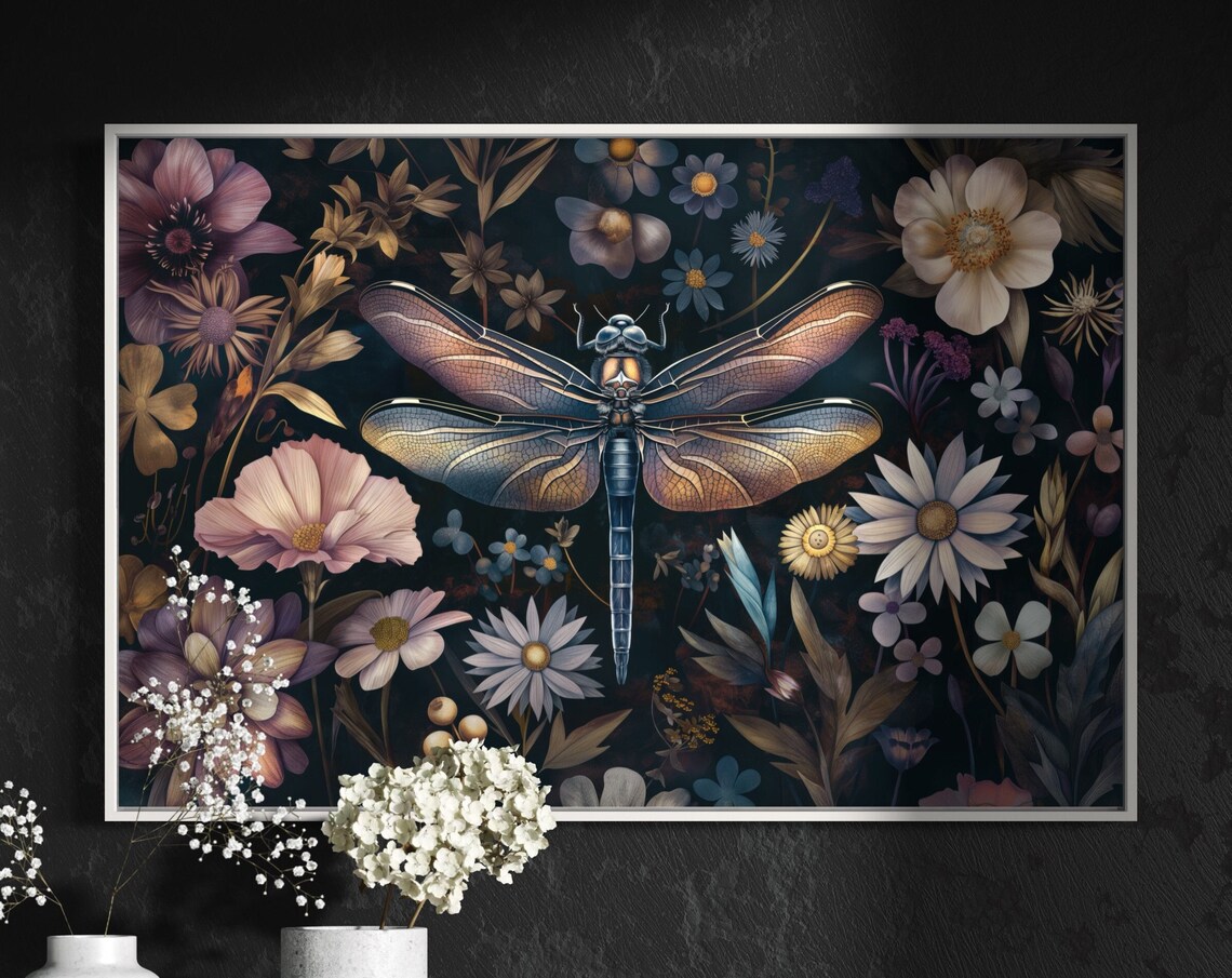 Whimsical Dragonfly On Dark Floral Botanical Moody Art Poster