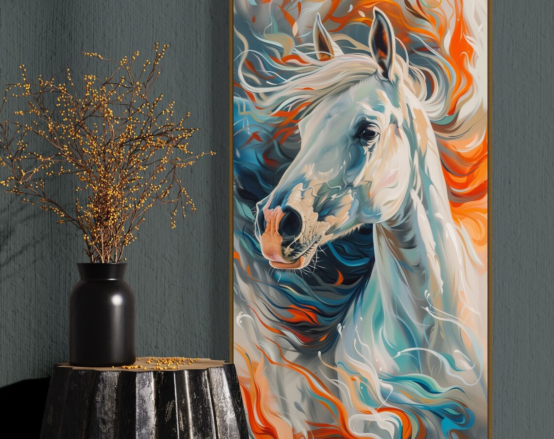 White Horse Portrait Flowing Colorful Mane Abstract Equine Art Print - Image 5