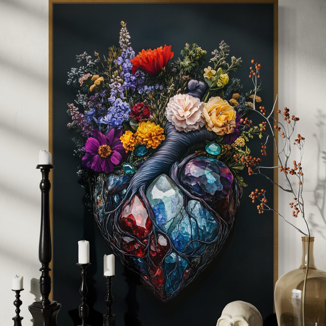 Floral Gemstone Heart Surreal Art Print Decor