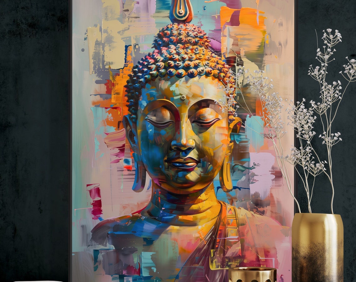 Colorful Impasto Buddha Head Zen Meditation Modern Buddhist Wall Art