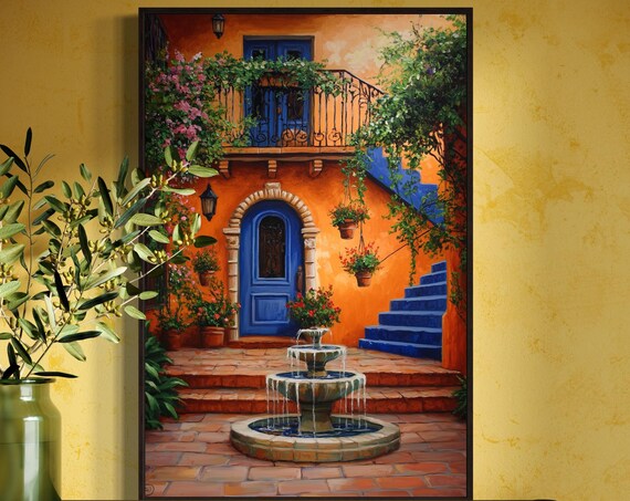 Mediterranean Courtyard Art Print, Rustic Decor