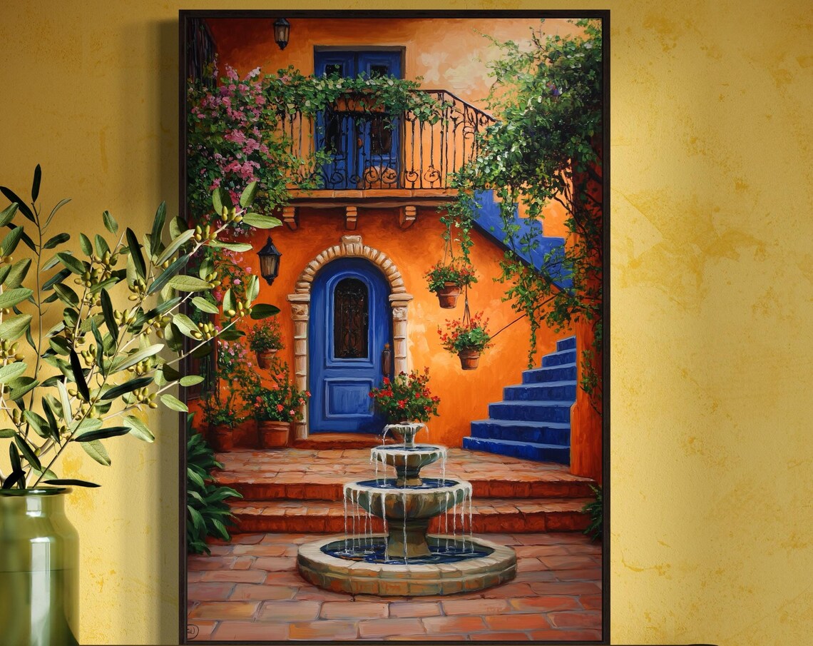 Mediterranean Courtyard Art Print, Rustic Decor