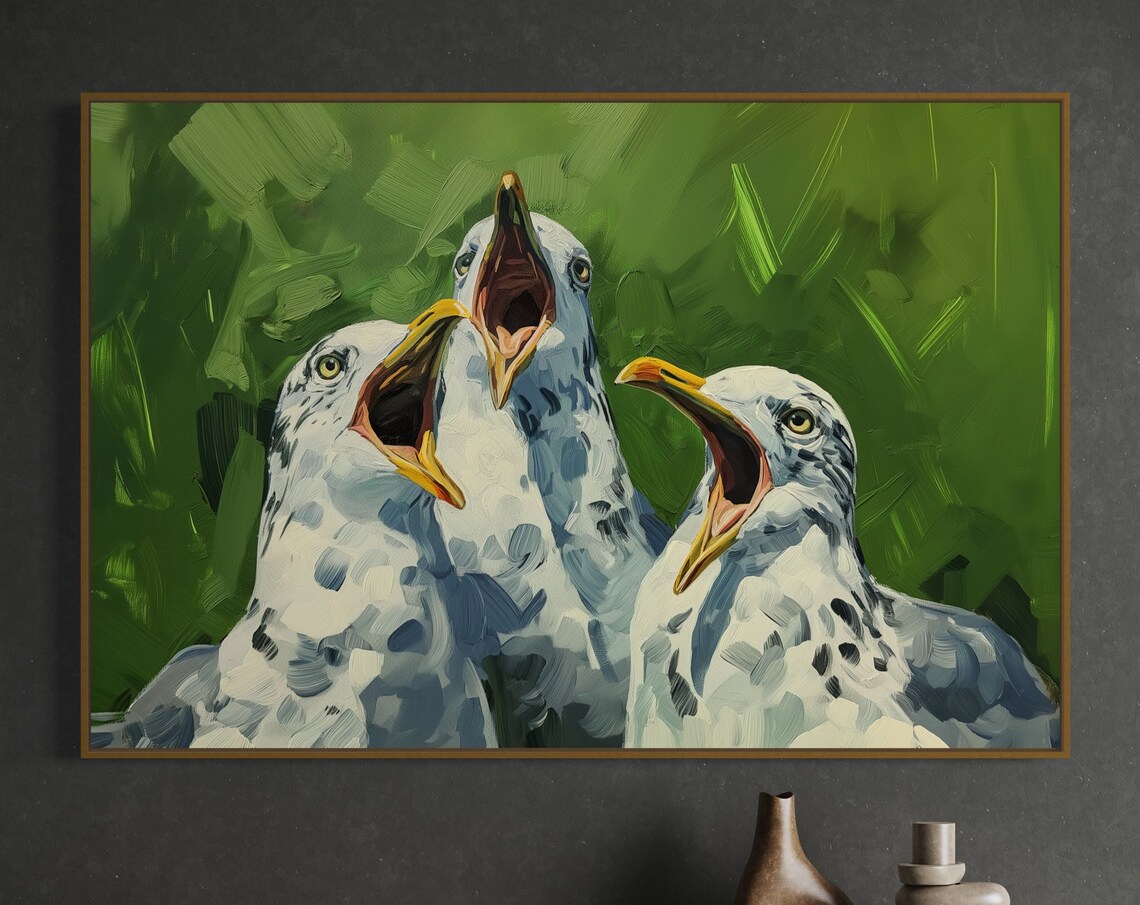 Funny Singing Seagulls Trio Playful Green Coastal Bird Art Print