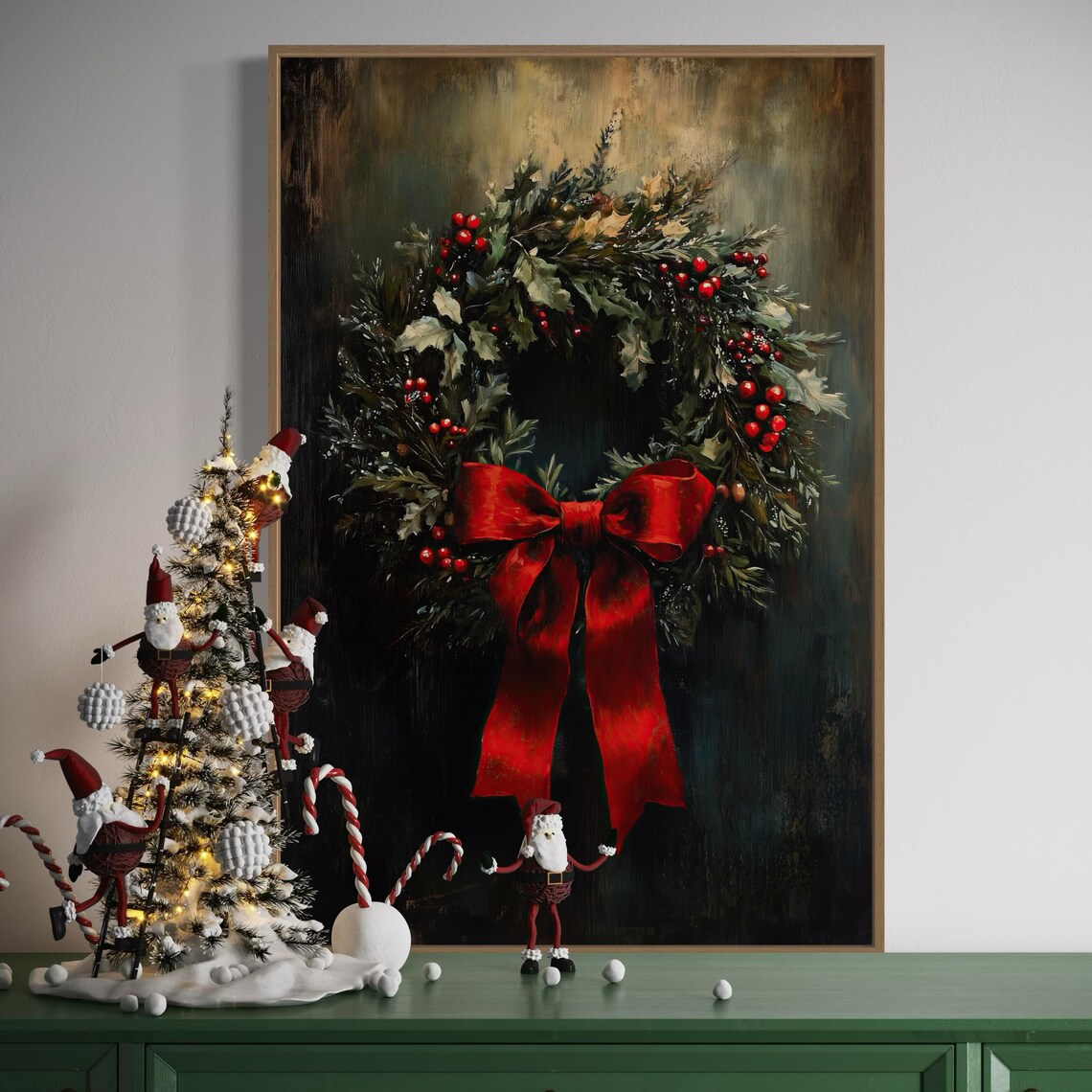 Vintage Christmas Wreath, Rustic Holiday Art Print