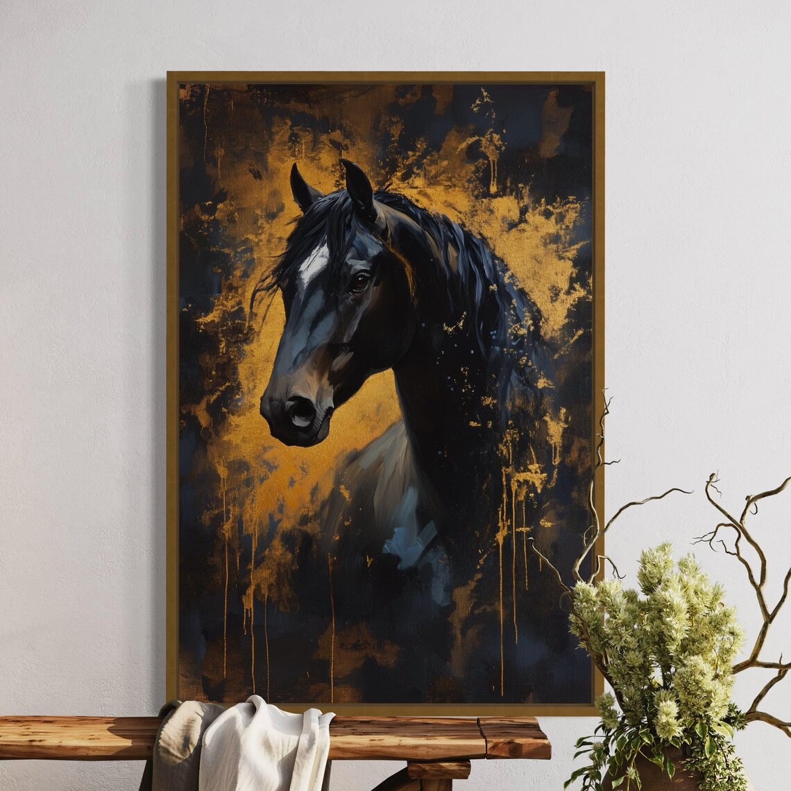 Majestic Black Stallion Horse Gold Accents Abstract Moody Poster