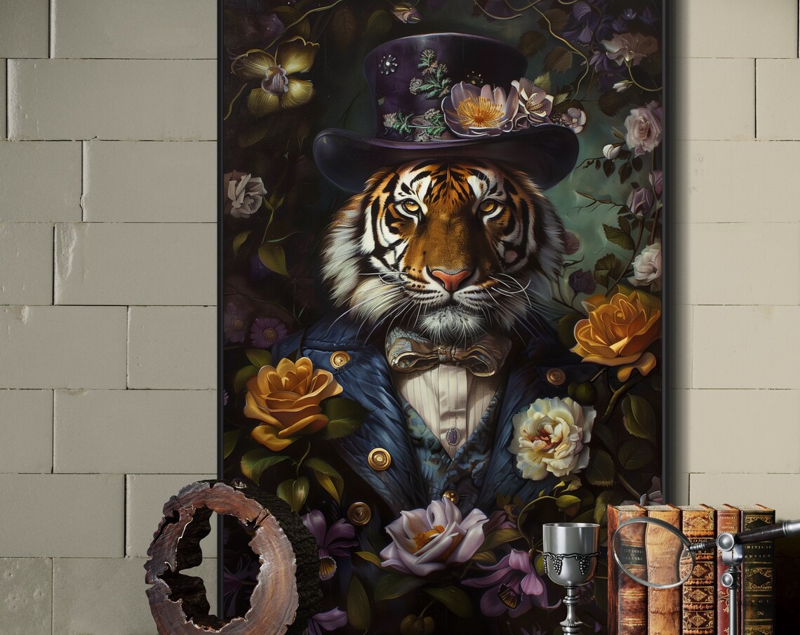 Victorian Tiger Portrait Top Hat Floral Dark Academia Animal Art Poster