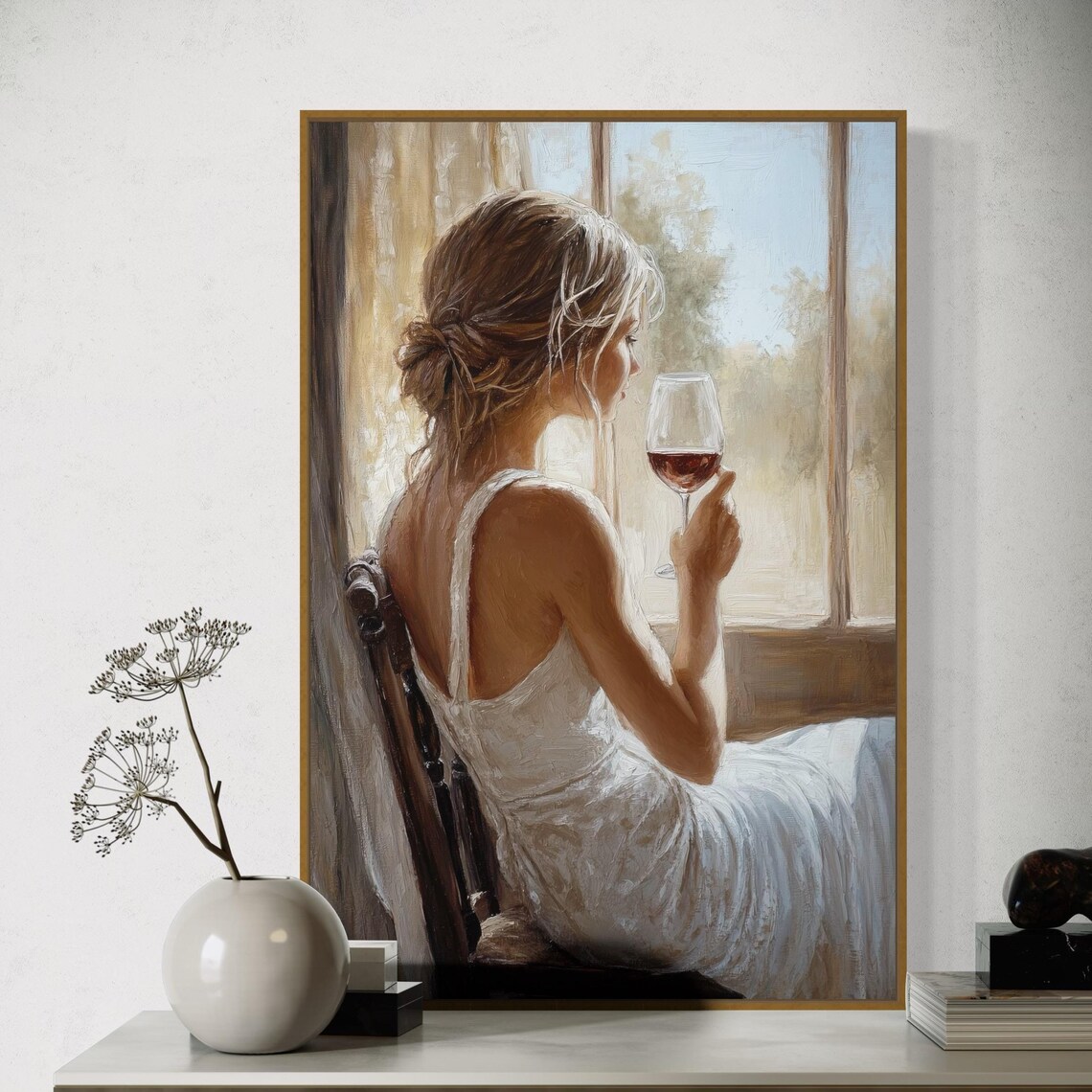 Serene Woman With Red Wine By Sunlit Window Romantic Soft Moment Wall Poster