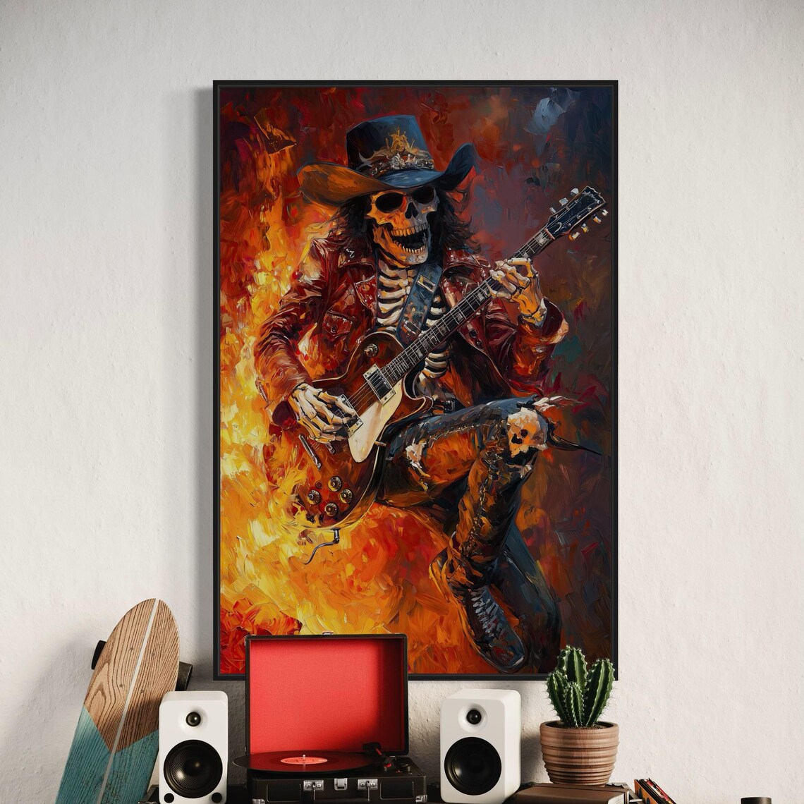 Fiery Skeleton Guitarist Rock N Roll Flames Electric Guitar Wall Art Print