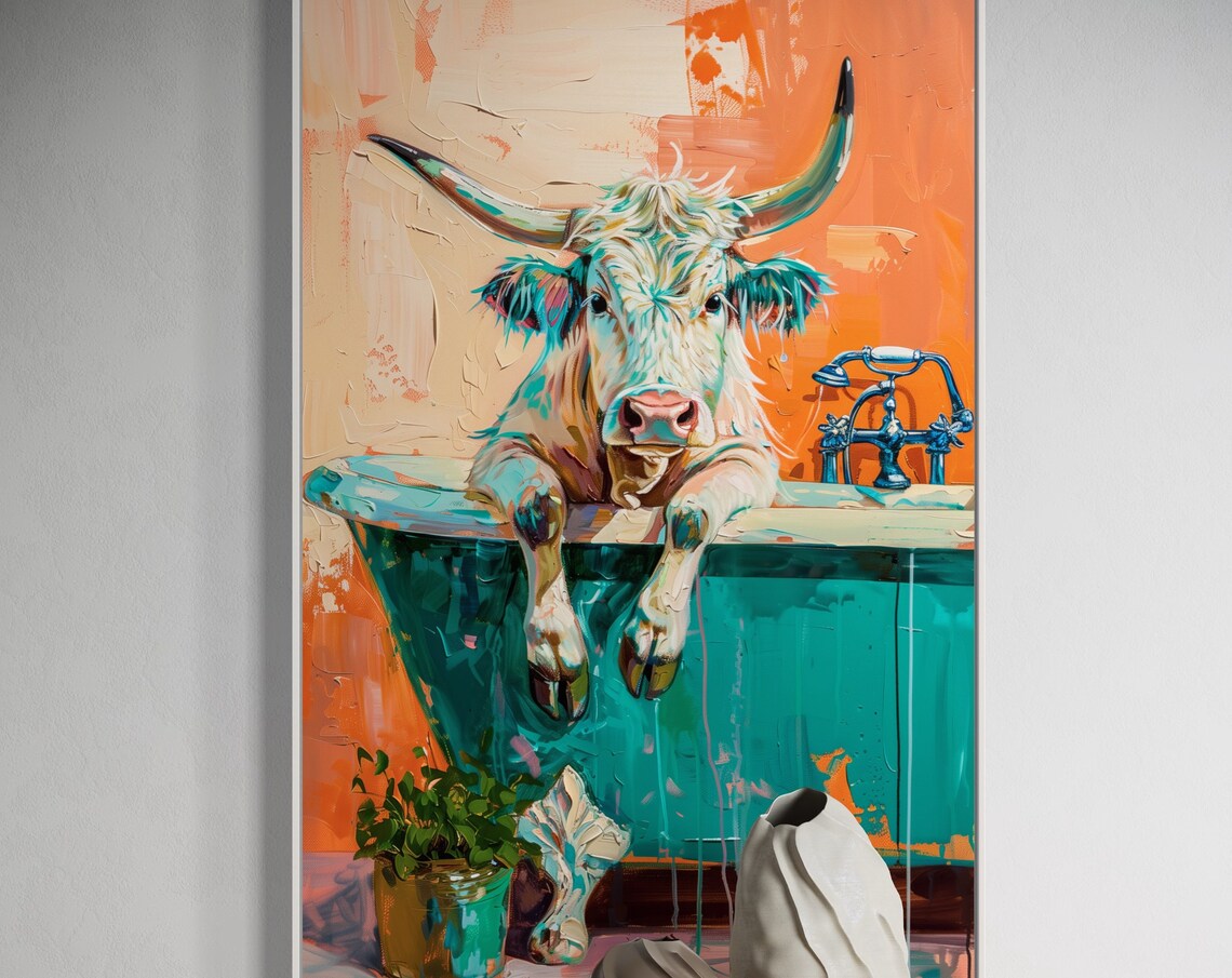 Whimsical Longhorn Cow Portrait, Bathroom Art Print - Image 5