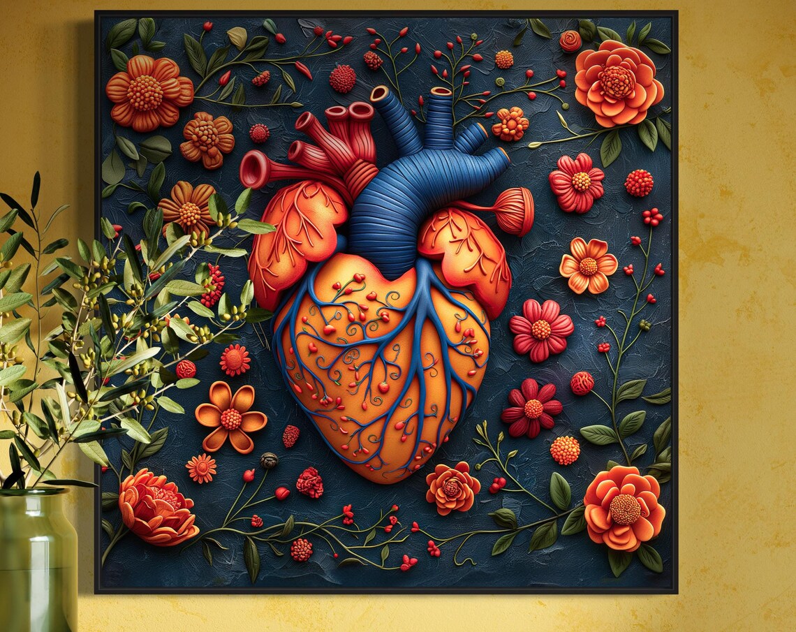 Vibrant Anatomical Heart Sculpted Floral Art Bold Botanical Poster - Image 5