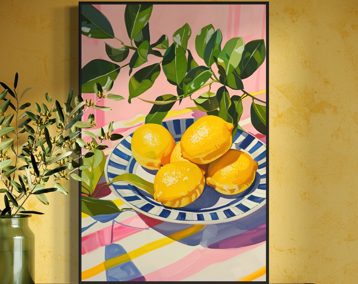 Sunlit Citrus Charm Vibrant Lemon Wall Art Print Colorful Mediterranean Kitchen Nature Morte For Bright Home Atmosphere