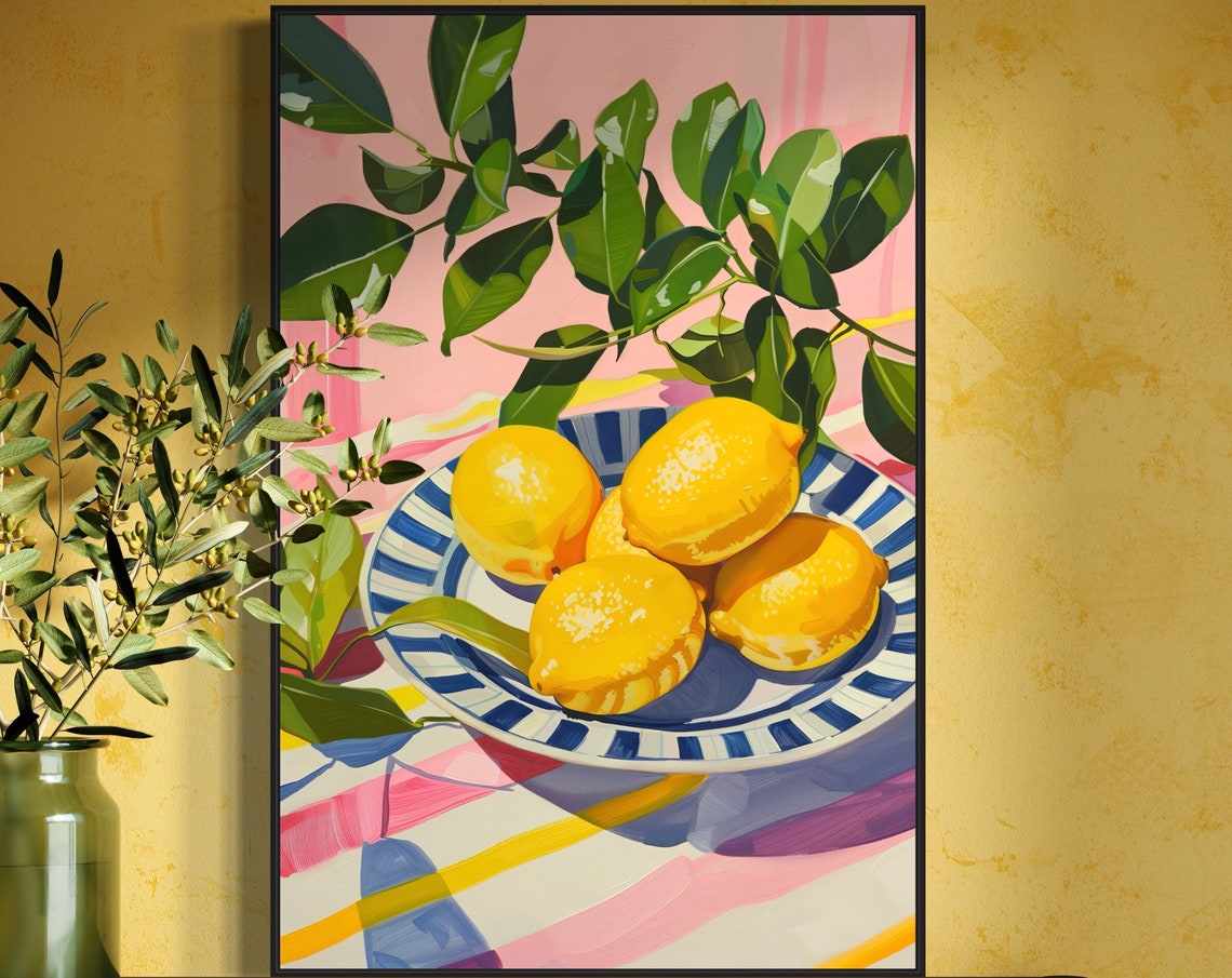 Sunny Lemons On Striped Plate Pink Green Pop Art Kitchen Poster