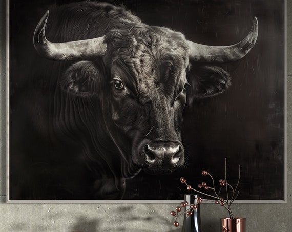 Majestic Black Bull Realistic Monochrome Painting Print For Rustic Elegance Western Poster And Masculine Room Decor