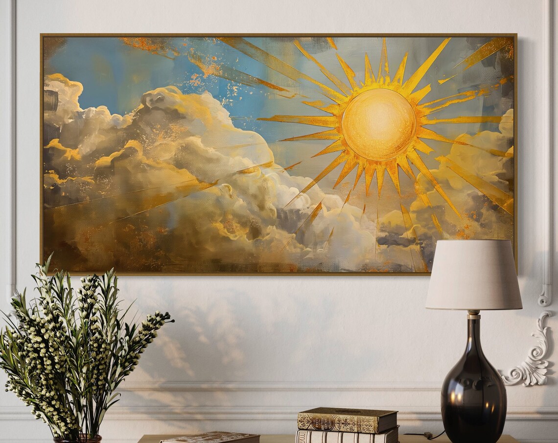 Golden Sun With Radiant Rays Over Painterly Clouds Sky Wall Art
