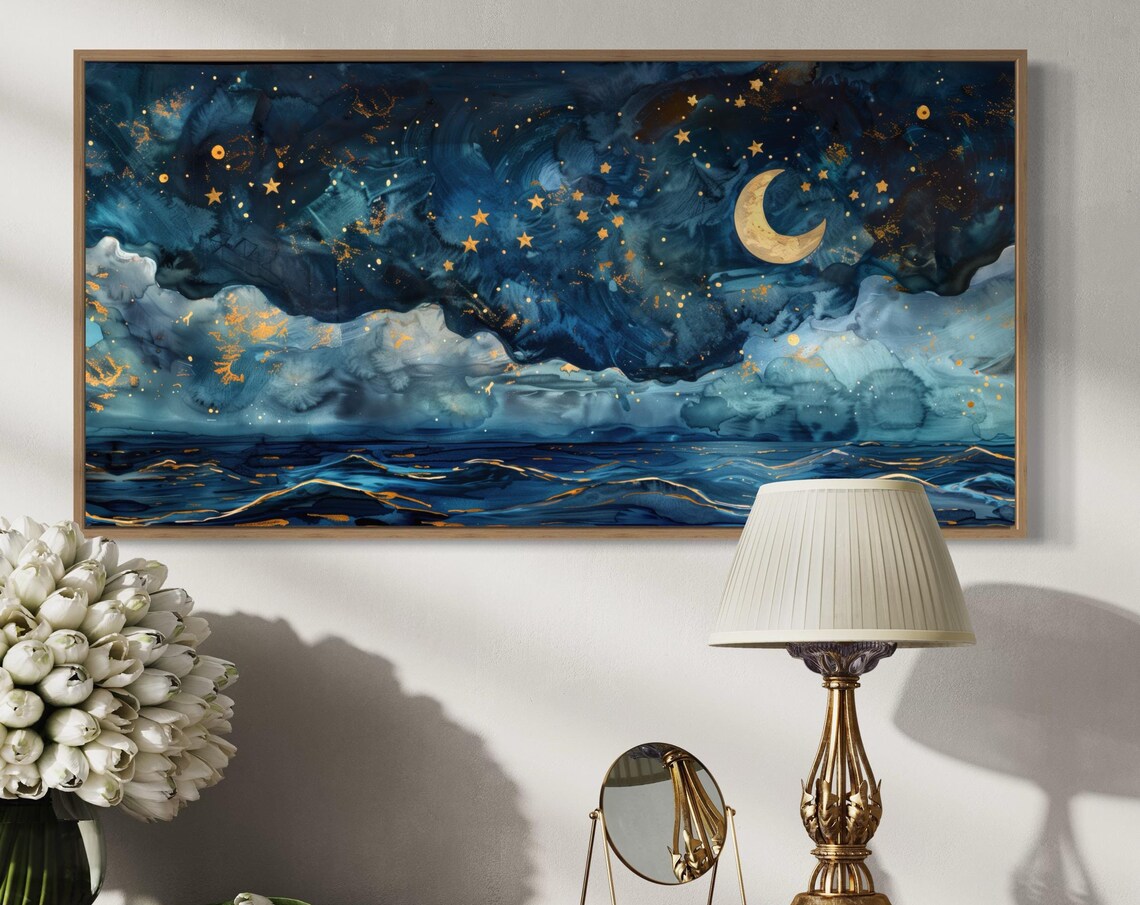 Dreamy Celestial Ocean Starry Night Moon Panorama