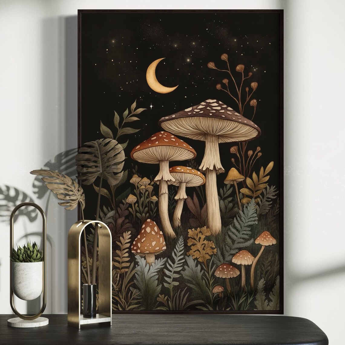 Mystical Mushroom Crescent Moon Starry Night Enchanting Poster