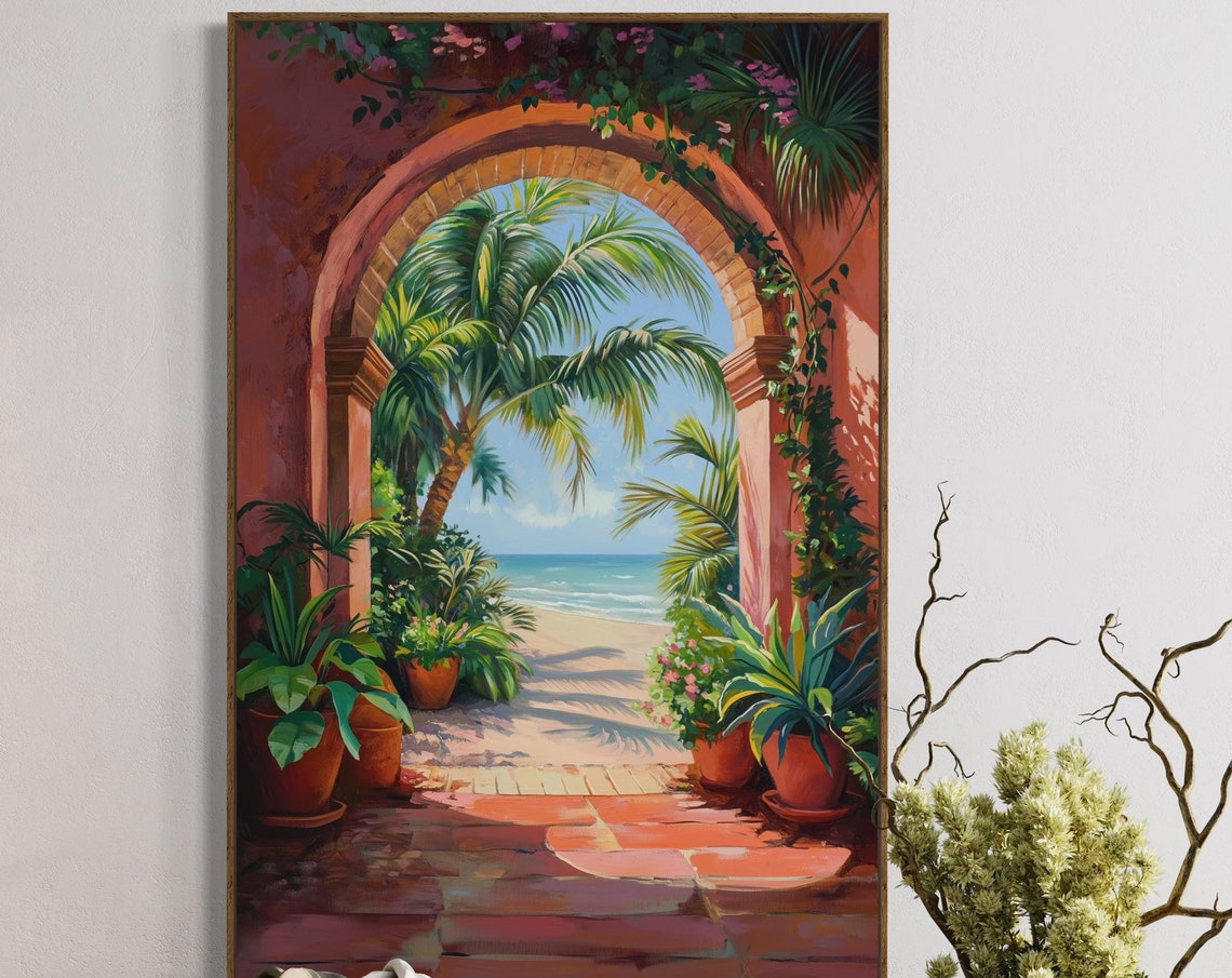 Tropical Beach View Through Terracotta Arch Palm Trees Poster