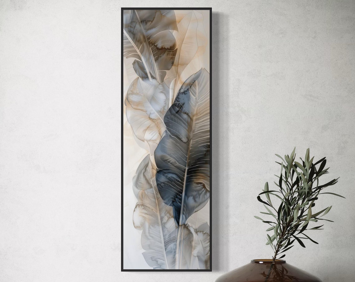 Elegant Muted Banana Leaves Watercolor Tall Narrow Botanical Art Print