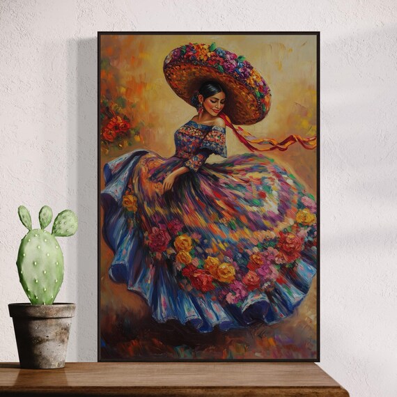 Mexican Dancer Floral Dress Sombrero Colorful Folkloric Fiesta Wall Art Poster
