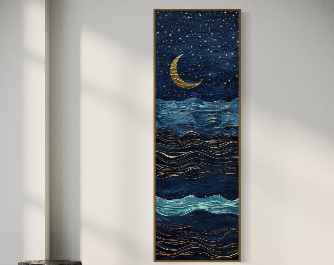 Dreamy Gold Crescent Moon Starry Ocean Waves Tall Night Art Print - Image 5