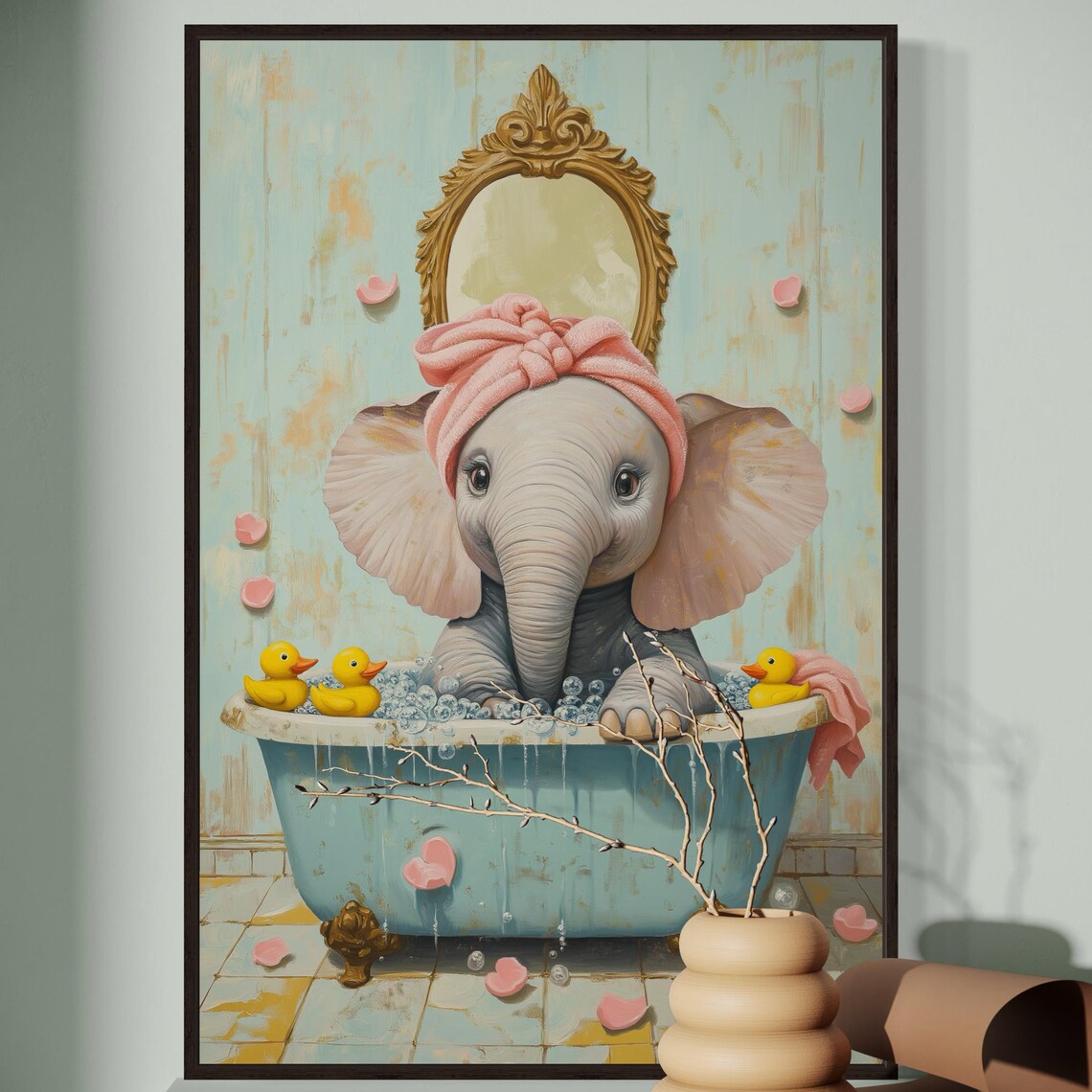 Baby Elephant In Bathtub, Cute Nursery Decor