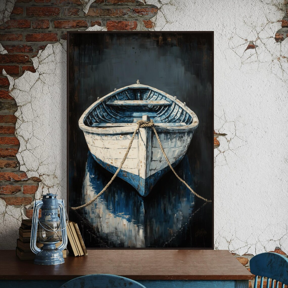 Weathered White Wooden Rowboat Moody Nautical Painting Coastal Poster