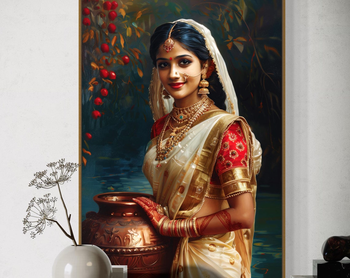 Elegant Indian Woman Portrait Vibrant South Asian Wall Art Beautiful Indian Girl Painting Print For Coquette Room Decor