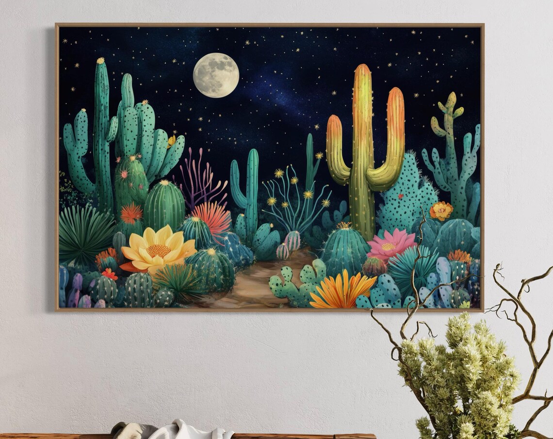 Vibrant Southwest Cactus Garden Moonlit Starry Night Sky Art Print