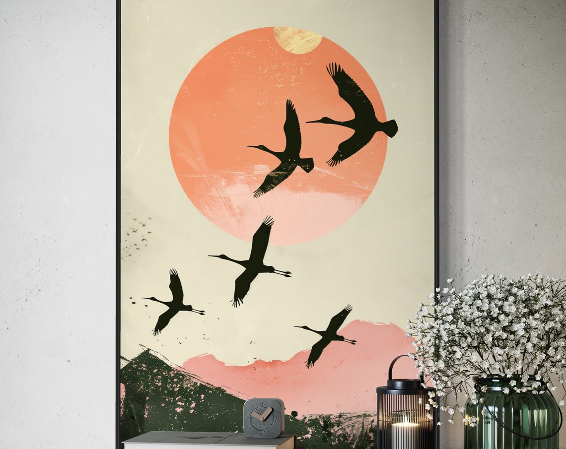 Japanese Cranes Flying Over Red Sun Minimalist Oriental Art Print
