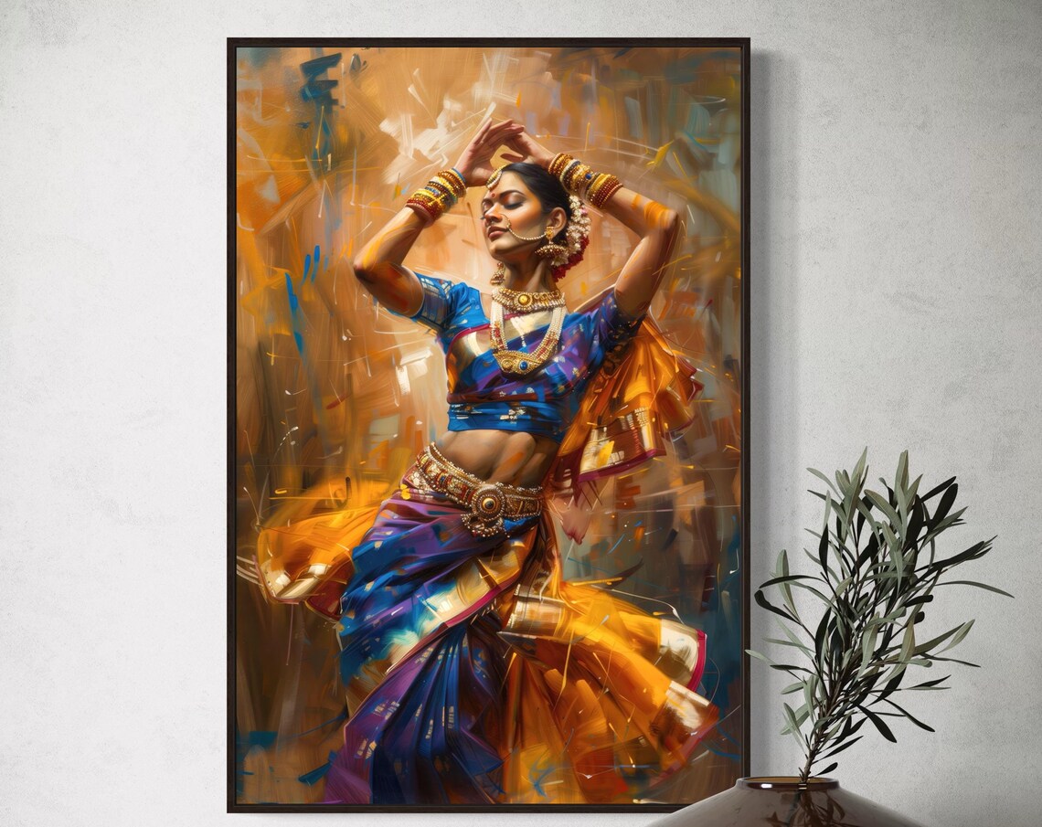 Elegant Indian Dancer Sari Gold Jewelry Expressive Painting Poster