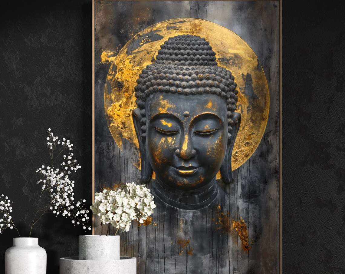 Black Gold Buddha Face Golden Halo Serene Zen Meditation Art Poster