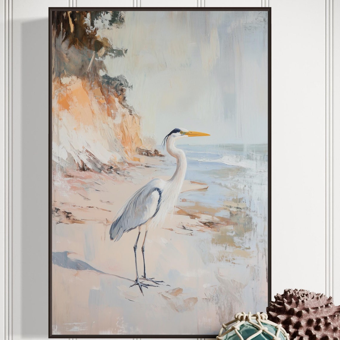 Great Blue Heron Beach Soft Pastel Coastal Ocean Shore Bird Art Poster