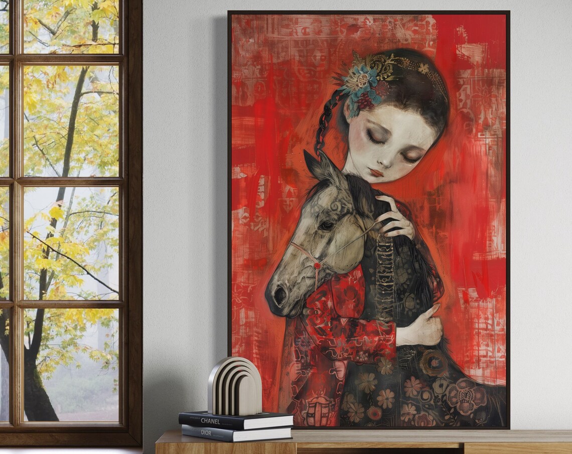 Girl Embracing Horse on Red Folk Art Portrait Vintage Style Poster