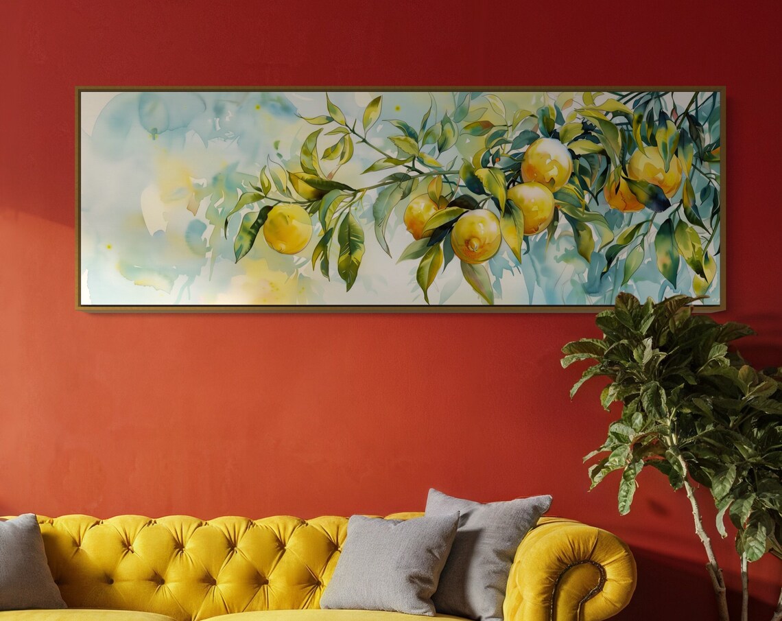 Colorful Lemon Branch Panoramic Wall Art Long Narrow Wall Art Print Lemon Tree Illustration For Cozy Kitchen Decor - Image 5