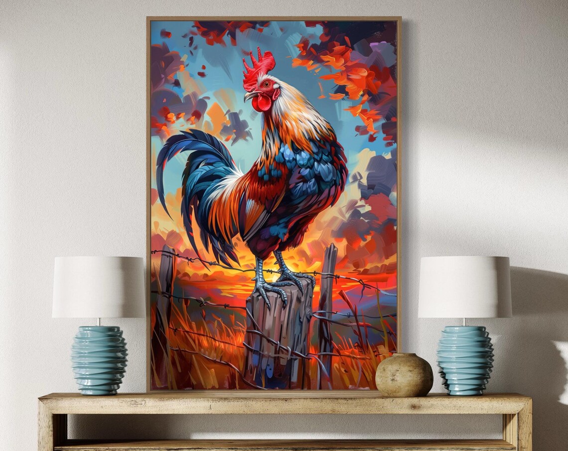 Eye Catching Rooster Painting Vibrant Rural Sunrise Animal Art Poster
