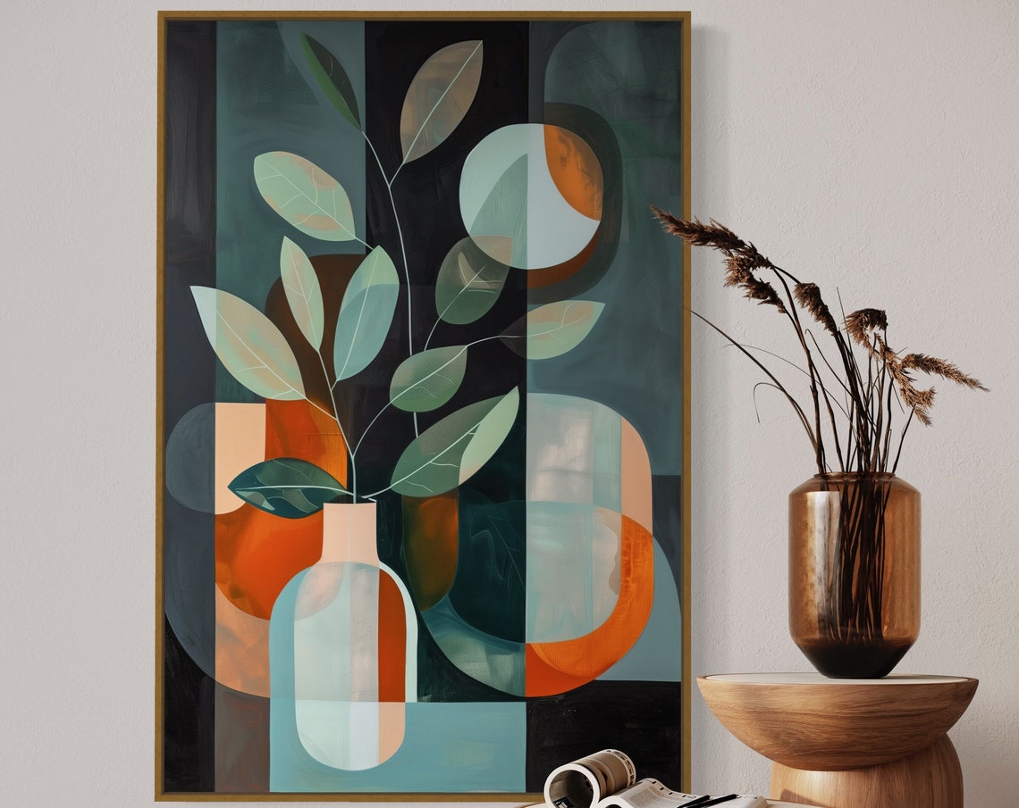 Boho Earth Tone Botanical Leaves Vase Mid Century Abstract Art Print