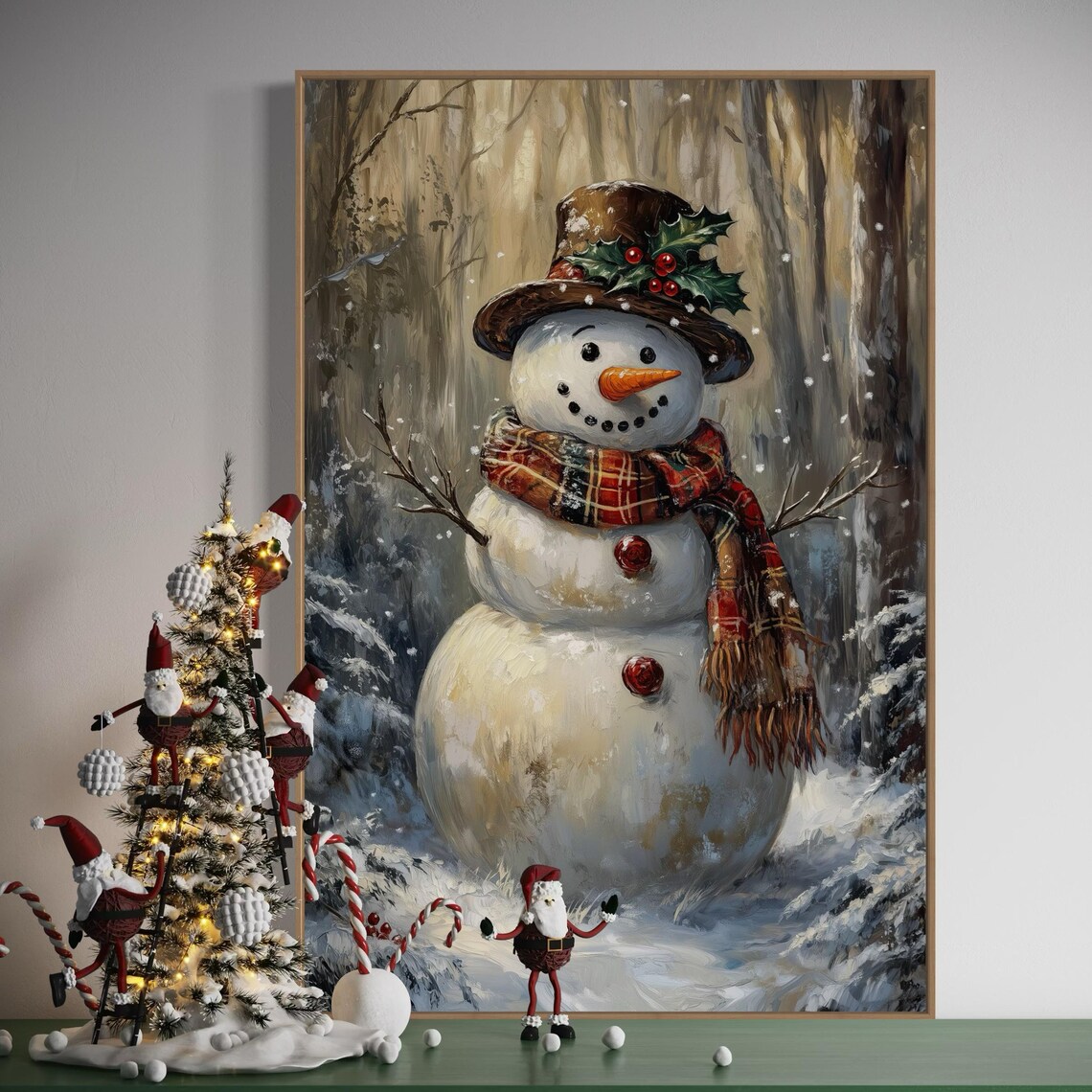 Vintage Snowman Christmas Art Print, Rustic Cabin Decor