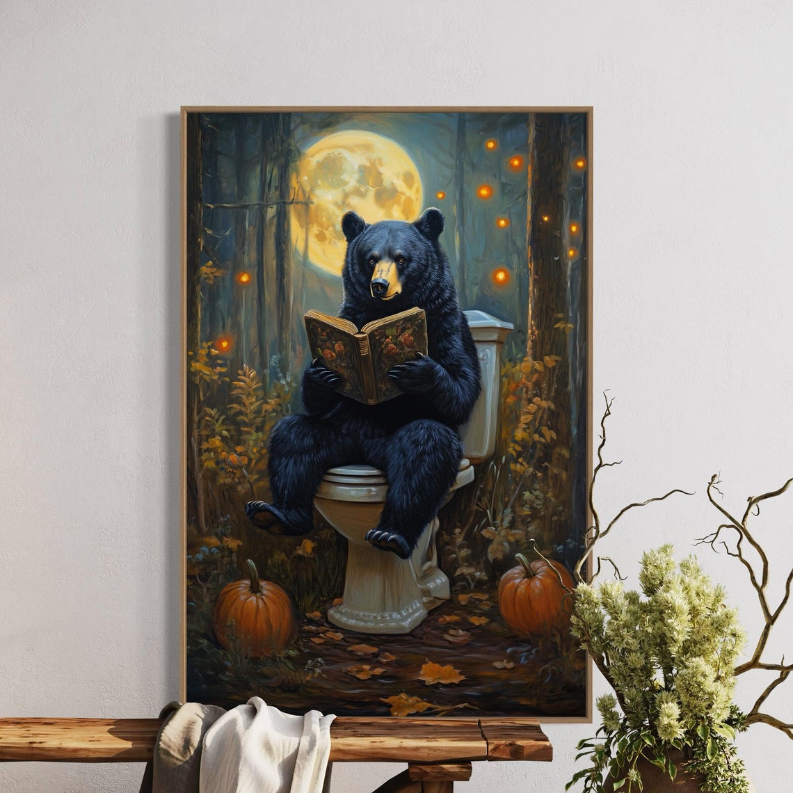 Whimsical Black Bear Reading Book On Toilet Moonlit Forest Funny Print