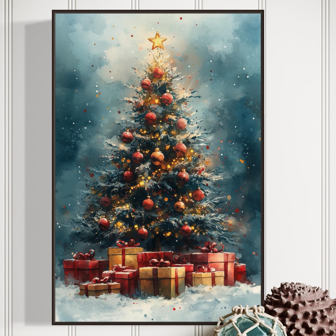 Festive Christmas Tree Glowing Lights Red Ornaments Gifts Poster