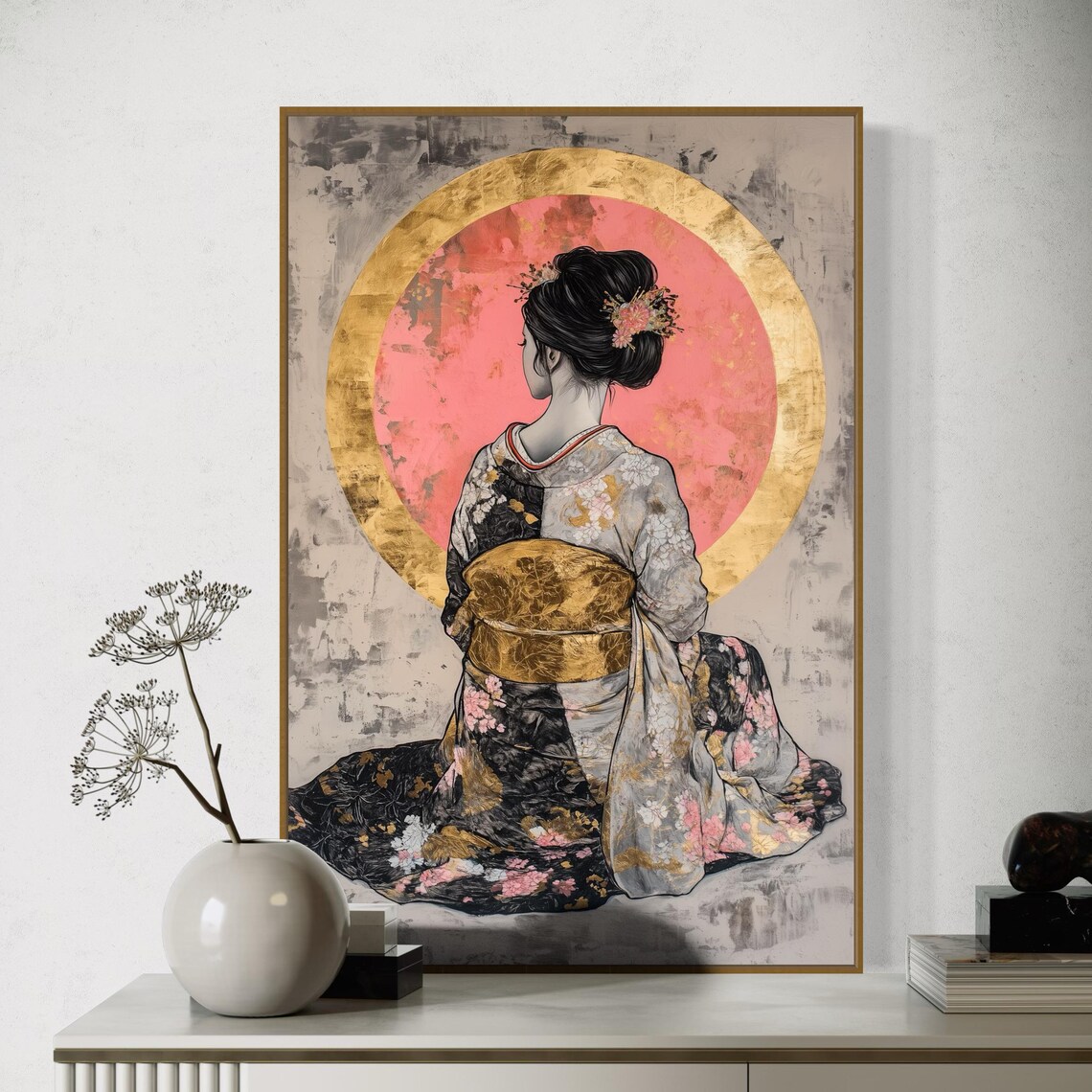 Japanese Geisha Moon Floral Living Room Art Print