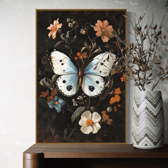 Victorian Butterfly Art Moody Floral Print With Elegant Wildflowers Perfect Dark Botanical Decor For Romantic And Rustic Spaces