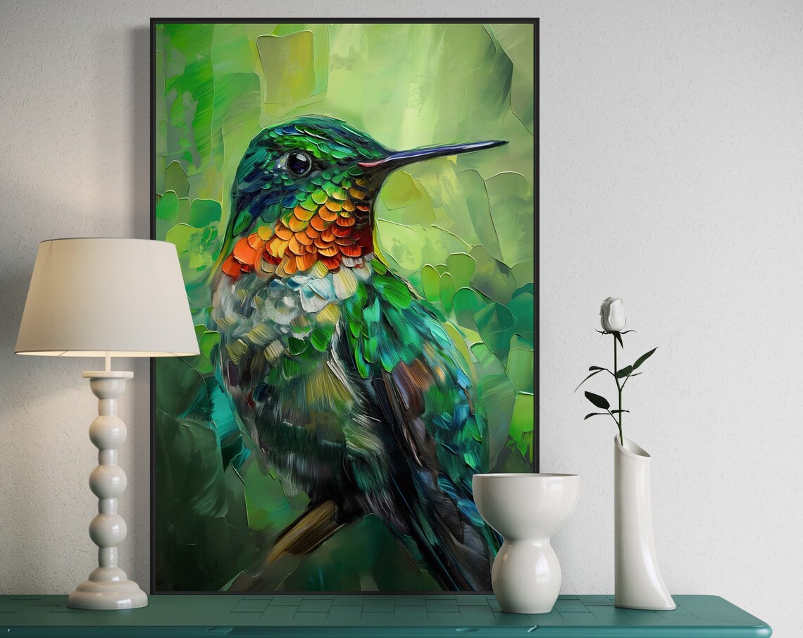 Colorful Hummingbird Oil Painting Green Impasto Bird Art Print