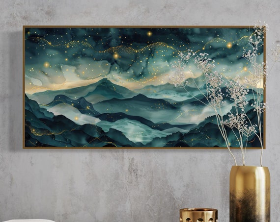 Dreamy Starry Night Mystical Mountain Art Print For Home Decore Starry Night Art And Panoramic Landscape For Above Bed Decor