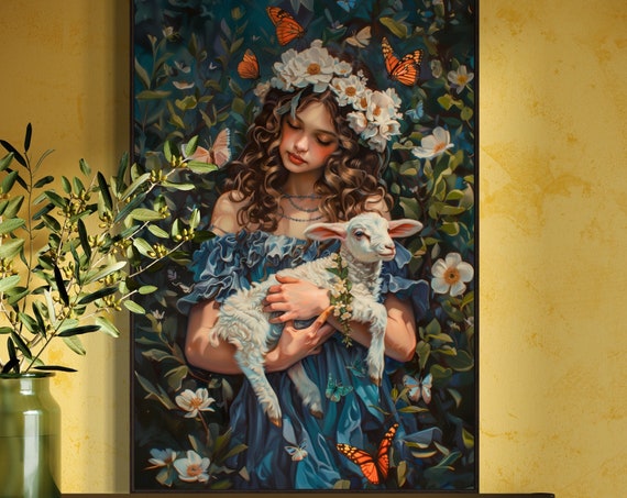 Girl Portrait Print With Lamb Blooming Garden Butterfly Poster For Teen Girl Room Decor