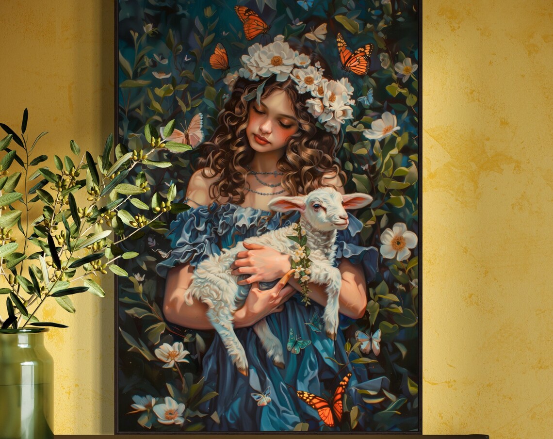 Girl Portrait Print With Lamb Blooming Garden Butterfly Poster For Teen Girl Room Decor