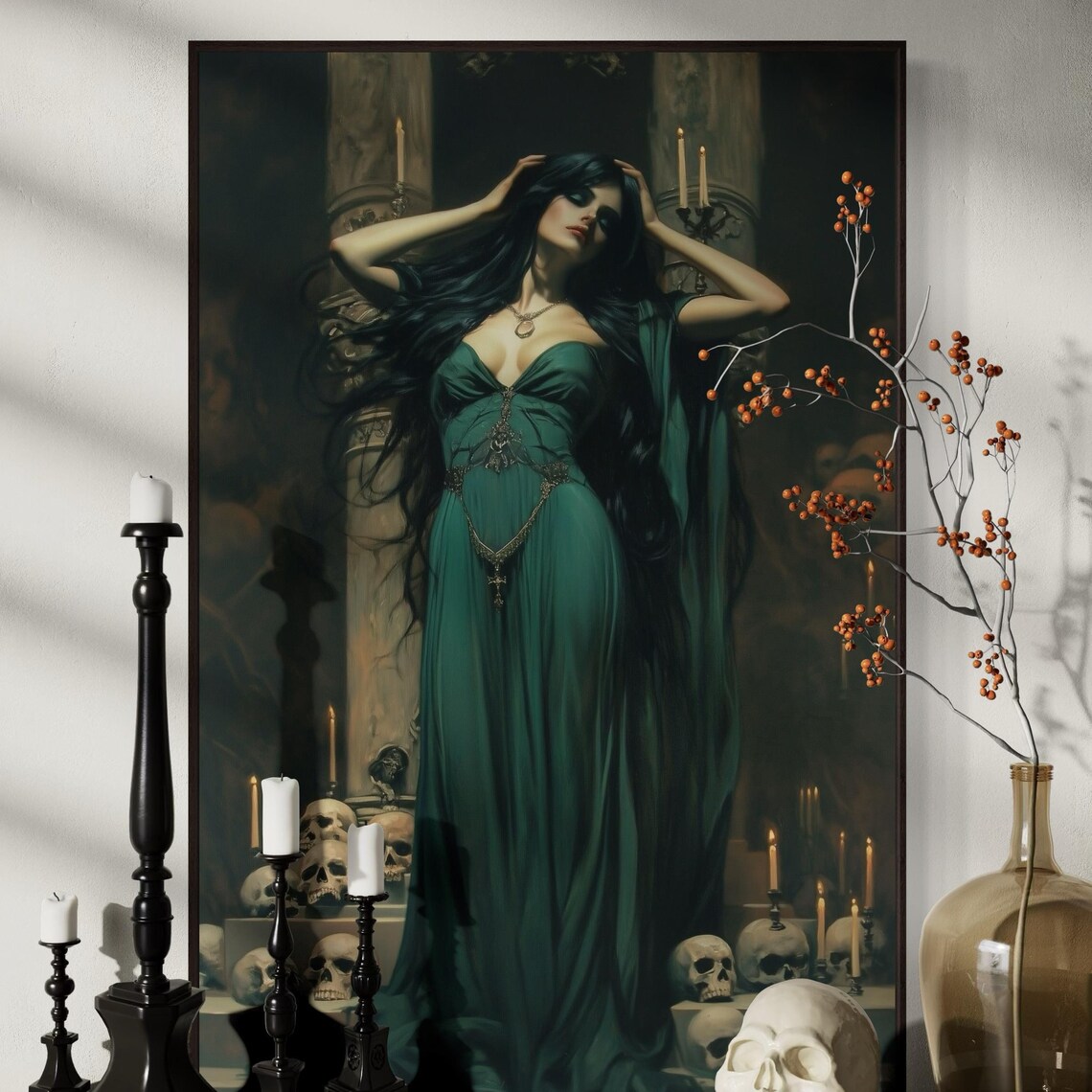 Victorian Gothic Woman Green Gown Skulls Candles Moody Poster